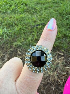 Vintage  Black Gem Cocktail Ring with Clear Crystal Halo
